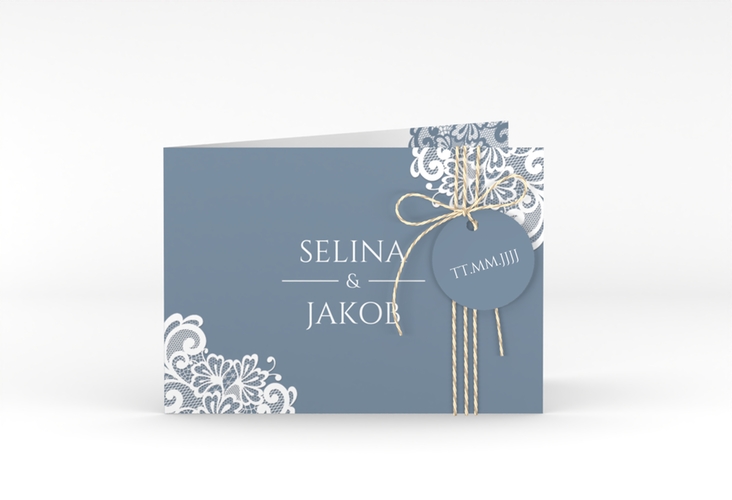 Hochzeitseinladung Vintage A6 Klappkarte quer blau mit floraler Spitze