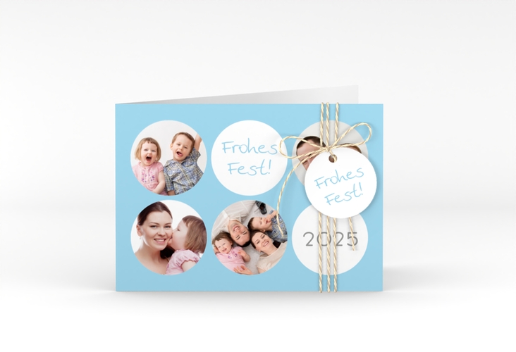 Weihnachtskarte Joy A6 Klappkarte quer tuerkis hochglanz mit runden Fotos