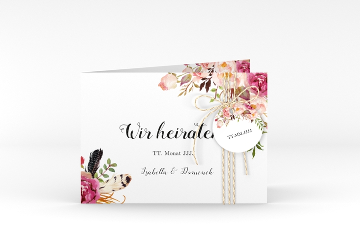 Hochzeitseinladung Flowers A6 Klappkarte quer weiss mit bunten Aquarell-Blumen
