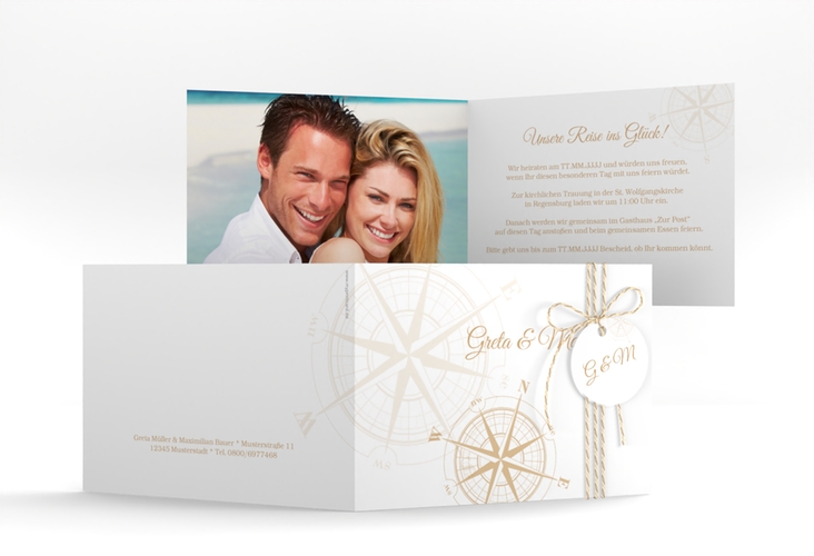 Hochzeitseinladung Windrose A6 Klappkarte quer beige