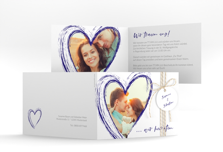 Hochzeitseinladung Liebe A6 Klappkarte quer blau hochglanz