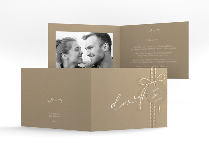 Hochzeitseinladung Zweisamkeit A6 Klappkarte quer Kraftpapier hochglanz im minimalistischen Stil mit Aufschrift du & ich