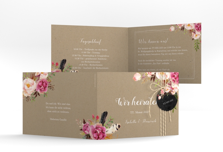 Hochzeitseinladung Flowers A6 Klappkarte quer Kraftpapier hochglanz mit bunten Aquarell-Blumen