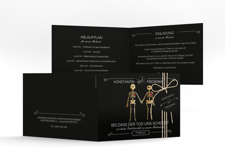 Hochzeitseinladung Bones A6 Klappkarte quer schwarz hochglanz
