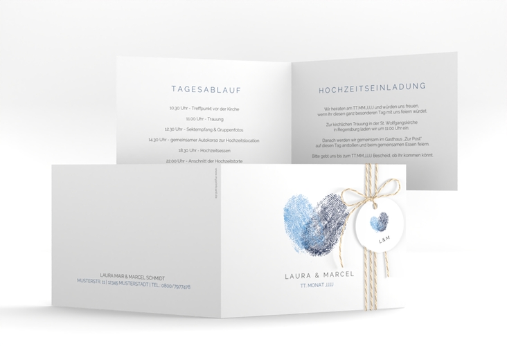 Hochzeitseinladung Fingerprint A6 Klappkarte quer blau hochglanz schlicht mit Fingerabdruck-Motiv