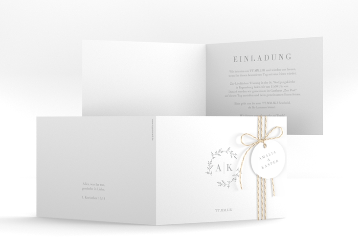 Hochzeitseinladung Filigrana A6 Klappkarte quer in reduziertem Design mit Initialen und zartem Blätterkranz