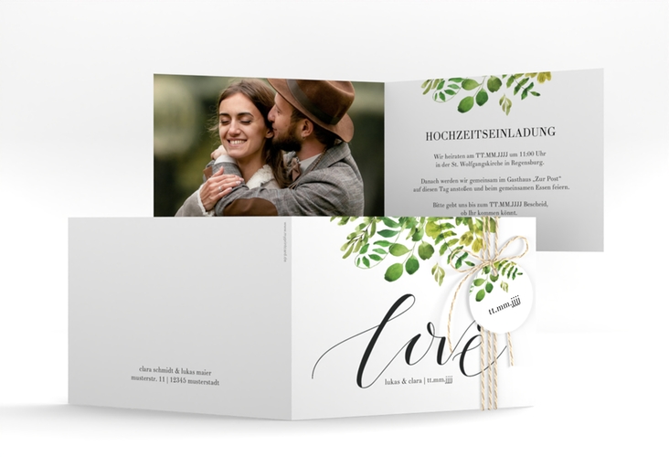 Hochzeitseinladung Botany A6 Klappkarte quer weiss hochglanz
