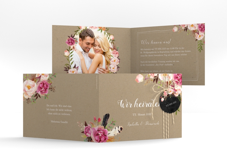 Hochzeitseinladung Flowers A6 Klappkarte quer Kraftpapier mit bunten Aquarell-Blumen