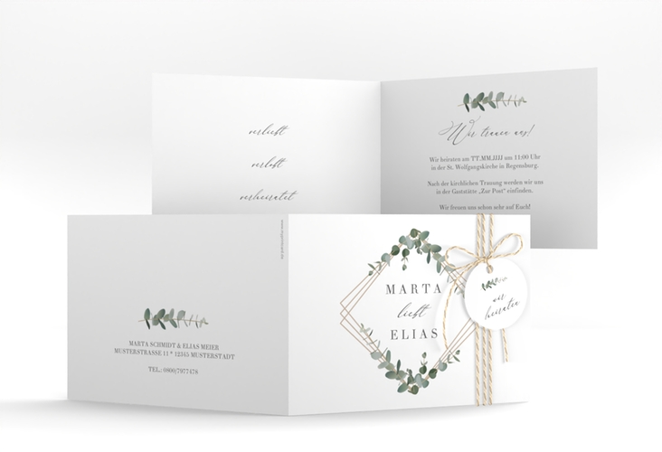 Hochzeitseinladung Eukalyptus A6 Klappkarte quer weiss