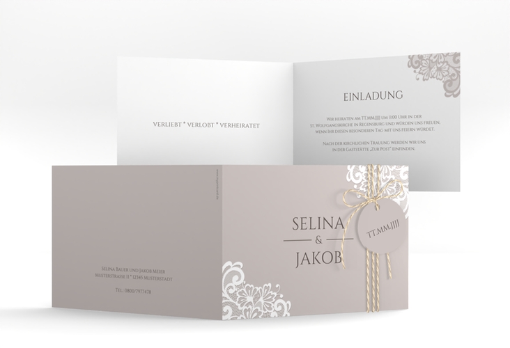 Hochzeitseinladung Vintage A6 Klappkarte quer mit floraler Spitze