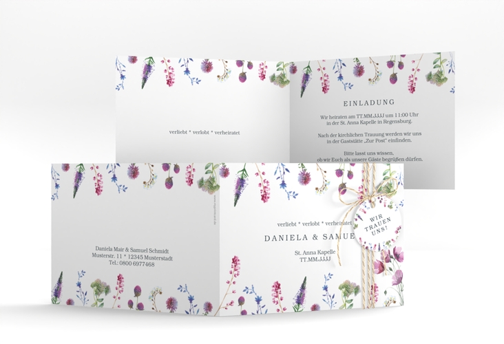 Hochzeitseinladung Wildblumen A6 Klappkarte quer weiss