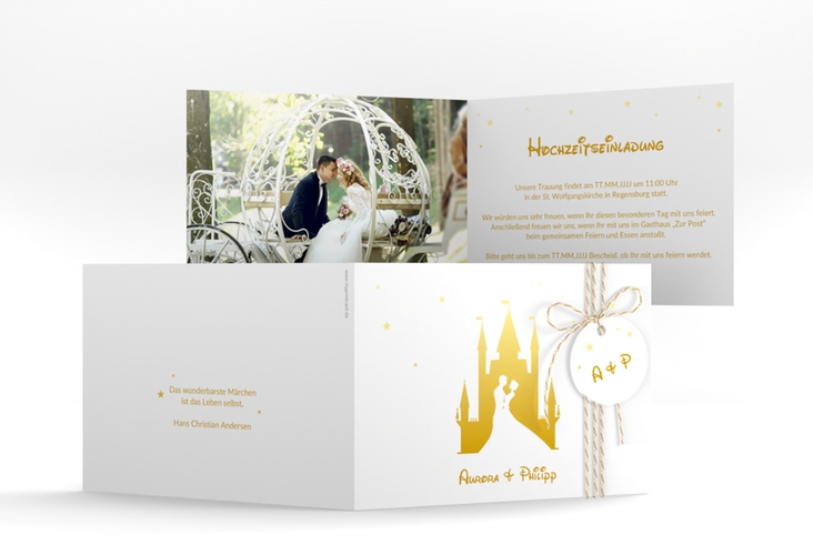 Hochzeitseinladung Castle A6 Klappkarte quer gold hochglanz