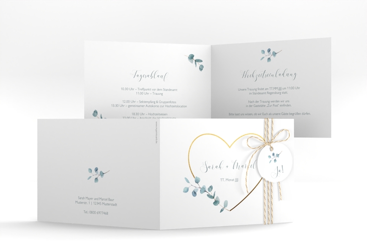Hochzeitseinladung Greenheart A6 Klappkarte quer gold hochglanz mit elegantem Herz und Eukalyptus-Zweig