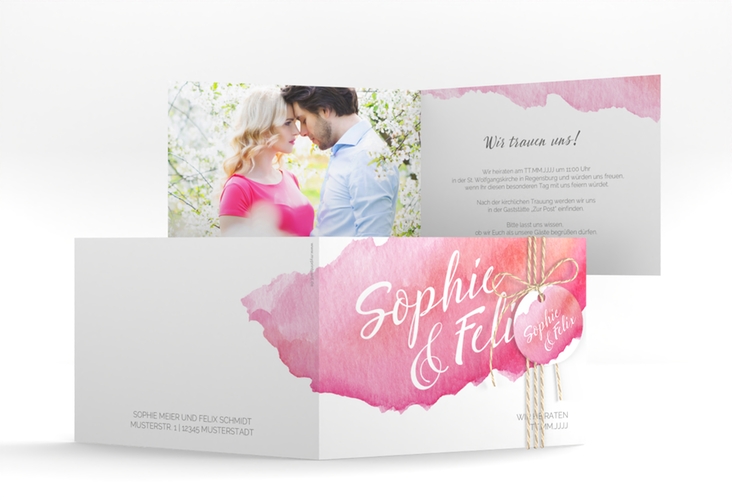 Einladungskarte Hochzeit Aquarella A6 Klappkarte quer rot