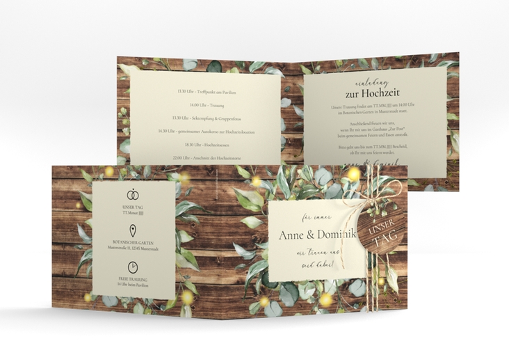 Hochzeitseinladung Greenwood A6 Klappkarte quer im Greenery-Design mit Holz, Eukalyptus und Immergrün