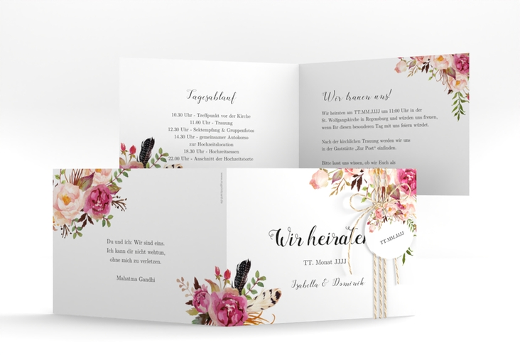 Hochzeitseinladung Flowers A6 Klappkarte quer weiss hochglanz mit bunten Aquarell-Blumen