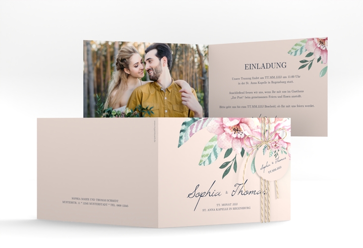 Hochzeitseinladung Blooming A6 Klappkarte quer rosa