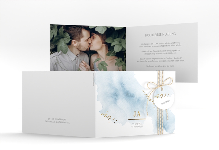 Hochzeitseinladung Pastell A6 Klappkarte quer blau hochglanz