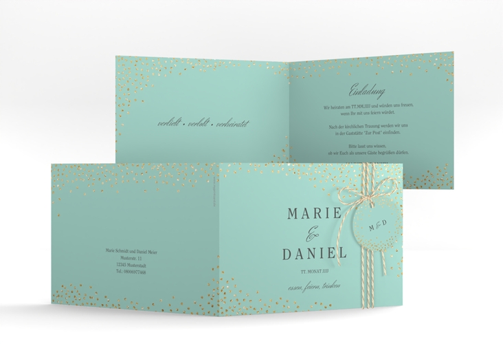 Hochzeitseinladung Glitter A6 Klappkarte quer mint hochglanz