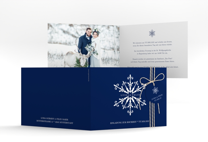 Hochzeitseinladung Crystal A6 Klappkarte quer blau hochglanz mit Eiskristall
