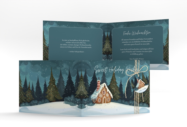 Weihnachtskarte Knusperhaus A6 Klappkarte quer tuerkis hochglanz mit Lebkuchenhaus im Winterwald