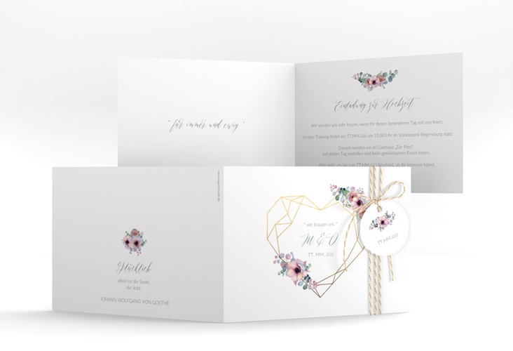Hochzeitseinladung Herzgold A6 Klappkarte quer weiss hochglanz