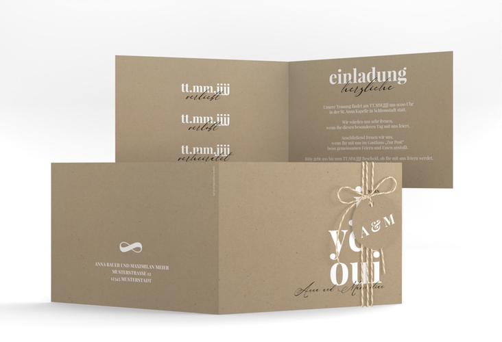 Hochzeitseinladung Oui A6 Klappkarte quer mit Ja-Wort in verschiedenen Sprachen