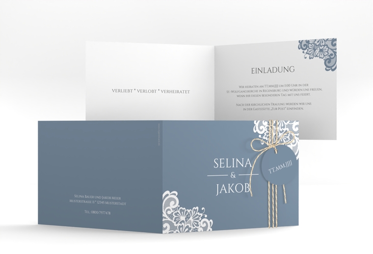 Hochzeitseinladung Vintage A6 Klappkarte quer blau mit floraler Spitze