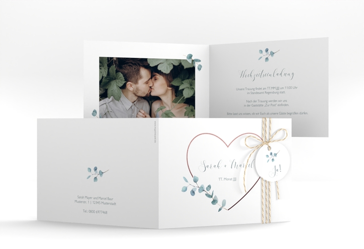 Hochzeitseinladung Greenheart A6 Klappkarte quer rosa hochglanz mit elegantem Herz und Eukalyptus-Zweig