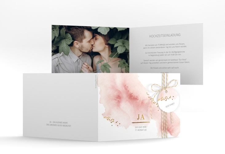 Hochzeitseinladung Pastell A6 Klappkarte quer rosa hochglanz
