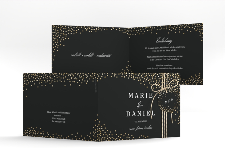 Hochzeitseinladung Glitter A6 Klappkarte quer schwarz hochglanz
