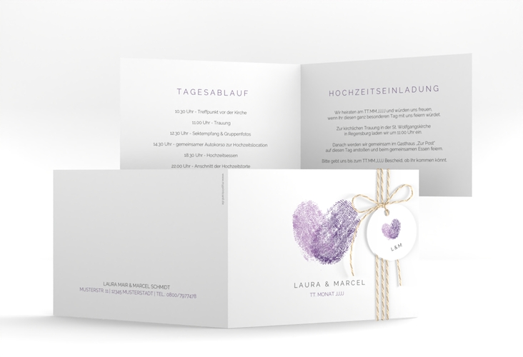 Hochzeitseinladung Fingerprint A6 Klappkarte quer lila hochglanz schlicht mit Fingerabdruck-Motiv