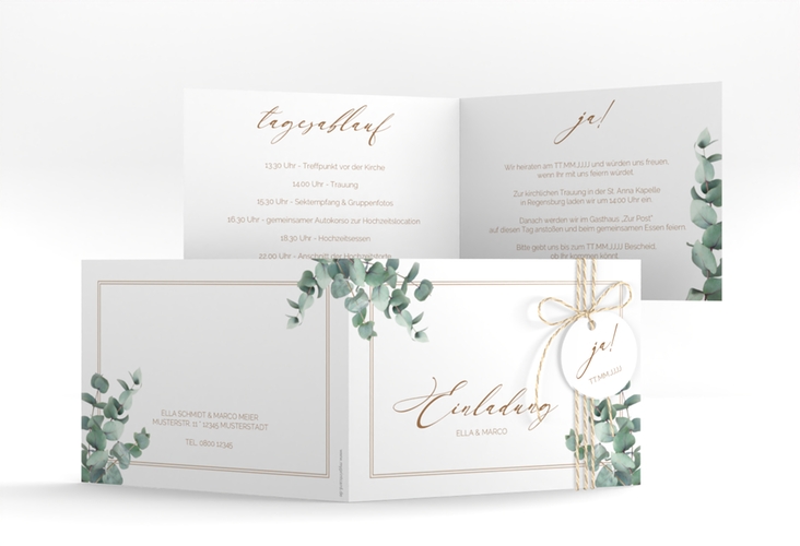Hochzeitseinladung Eucalypt A6 Klappkarte quer hochglanz mit Eukalyptus und edlem Rahmen