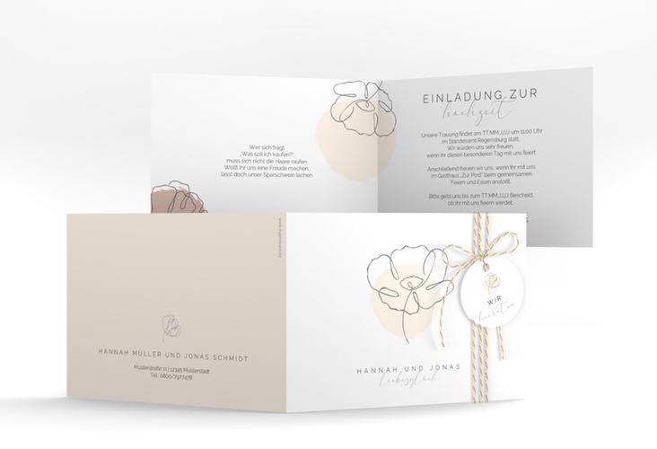 Hochzeitseinladung Flowerline A6 Klappkarte quer apricot