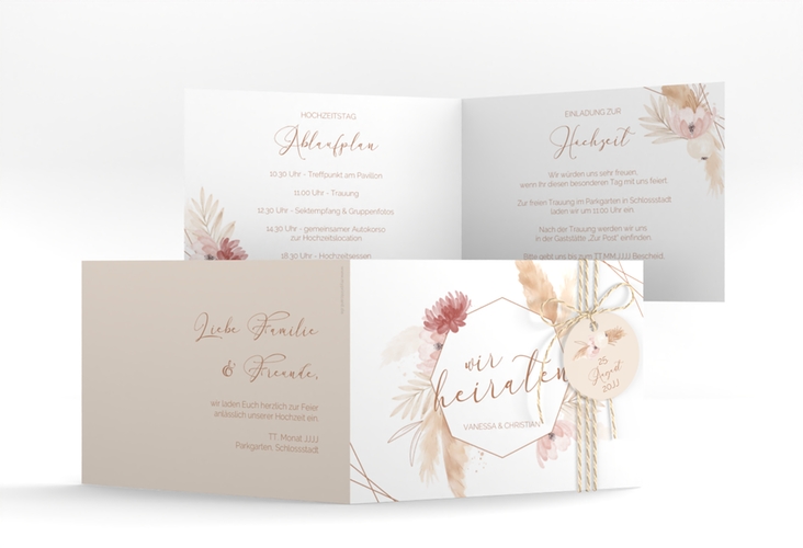 Hochzeitseinladung Bohostyle A6 Klappkarte quer beige mit Pampasgras in Aquarell