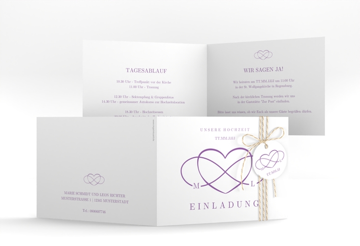 Hochzeitseinladung Infinity A6 Klappkarte quer lila