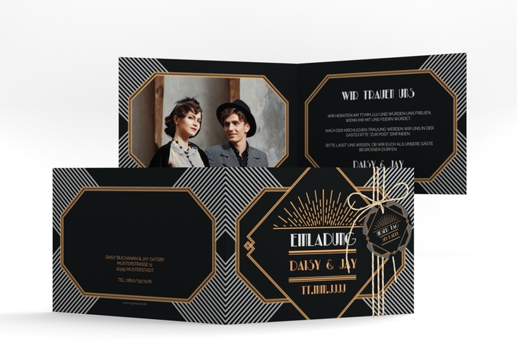 Hochzeitseinladung Gatsby A6 Klappkarte quer schwarz im 20er-Jahre-Stil