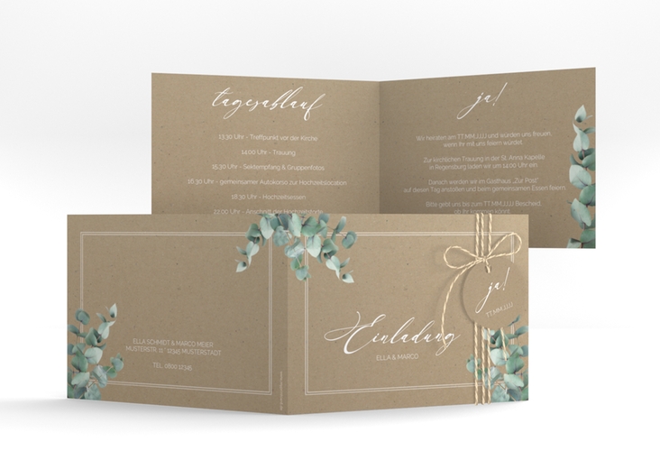Hochzeitseinladung Eucalypt A6 Klappkarte quer Kraftpapier hochglanz mit Eukalyptus und edlem Rahmen