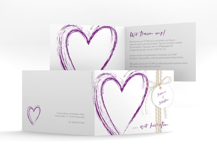 Hochzeitseinladung Liebe A6 Klappkarte quer lila hochglanz