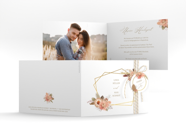 Hochzeitseinladung Strohblume A6 Klappkarte quer weiss