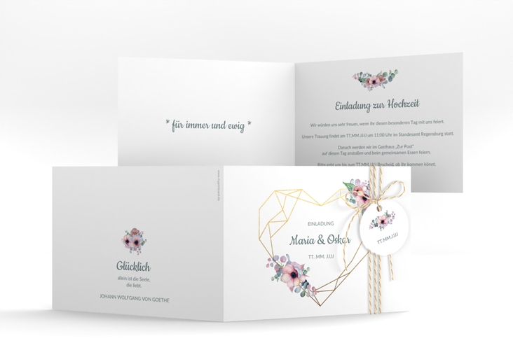 Hochzeitseinladung Herzgold A6 Klappkarte quer hochglanz