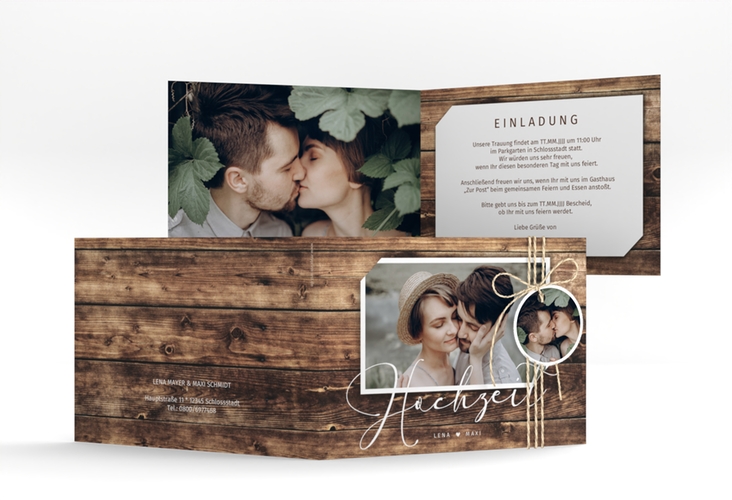 Hochzeitseinladung Rustic A6 Klappkarte quer hochglanz in Holz-Optik mit Foto