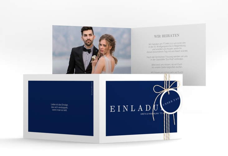 Hochzeitseinladung Simply A6 Klappkarte quer blau hochglanz