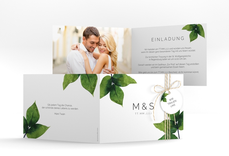 Hochzeitseinladung Greenery A6 Klappkarte quer gruen minimalistisch mit grünen Blättern