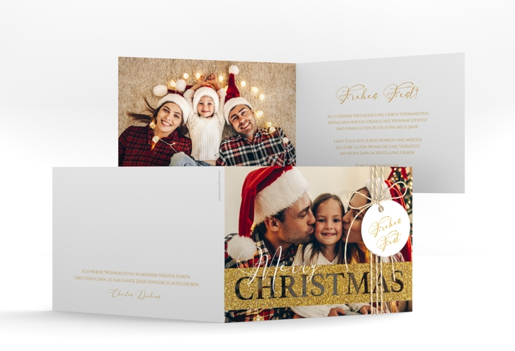 Weihnachtskarte Goldschimmer A6 Klappkarte quer gold mit Foto und Schriftzug Merry Christmas