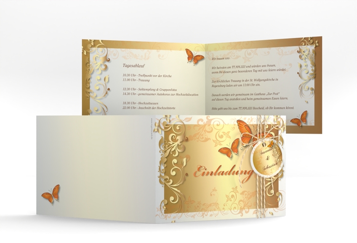 Hochzeitseinladung Toulouse A6 Klappkarte quer orange hochglanz mit Schmetterlingen und Schnörkeln