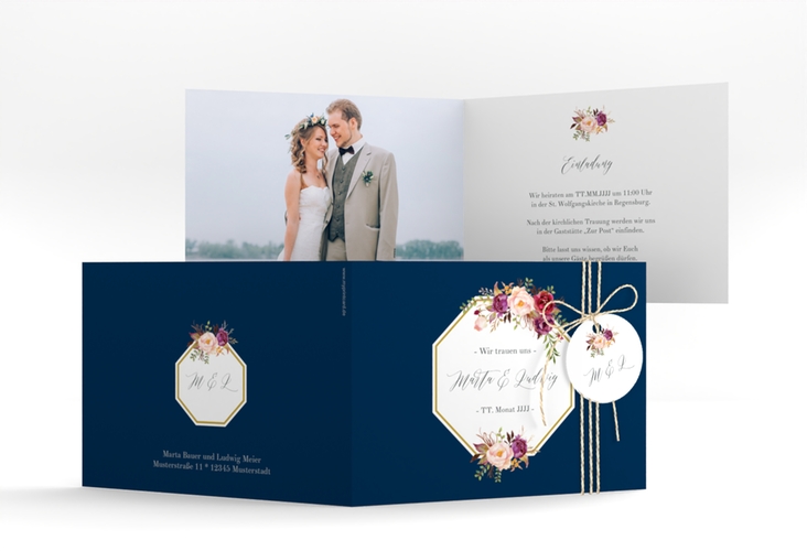 Hochzeitseinladung Prachtvoll A6 Klappkarte quer blau hochglanz