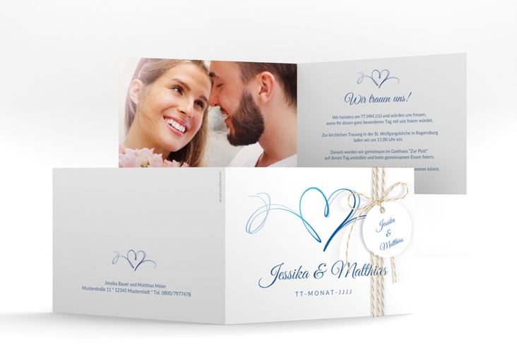 Hochzeitseinladung Envie A6 Klappkarte quer blau hochglanz