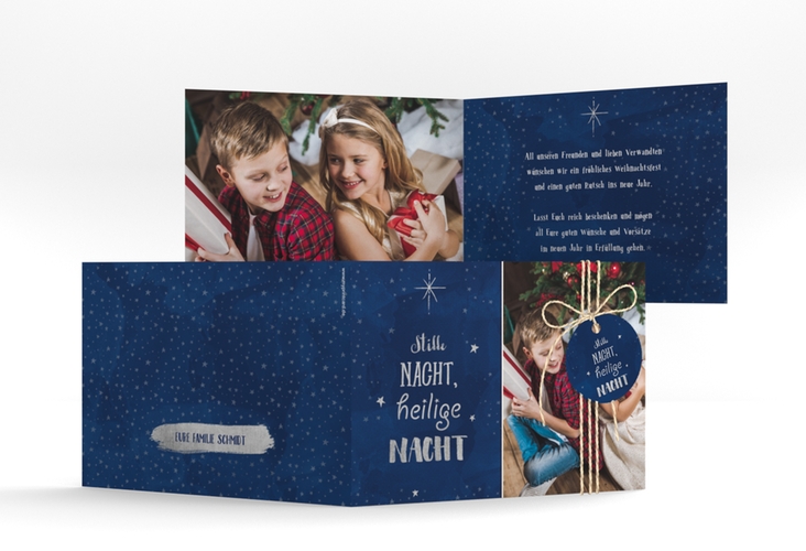 Weihnachtskarte Sternenzauber A6 Klappkarte quer blau hochglanz und silber mit Sternenhimmel-Motiv und Foto