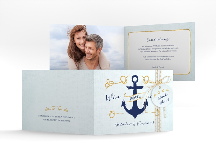 Hochzeitseinladung Anker A6 Klappkarte quer tuerkis hochglanz